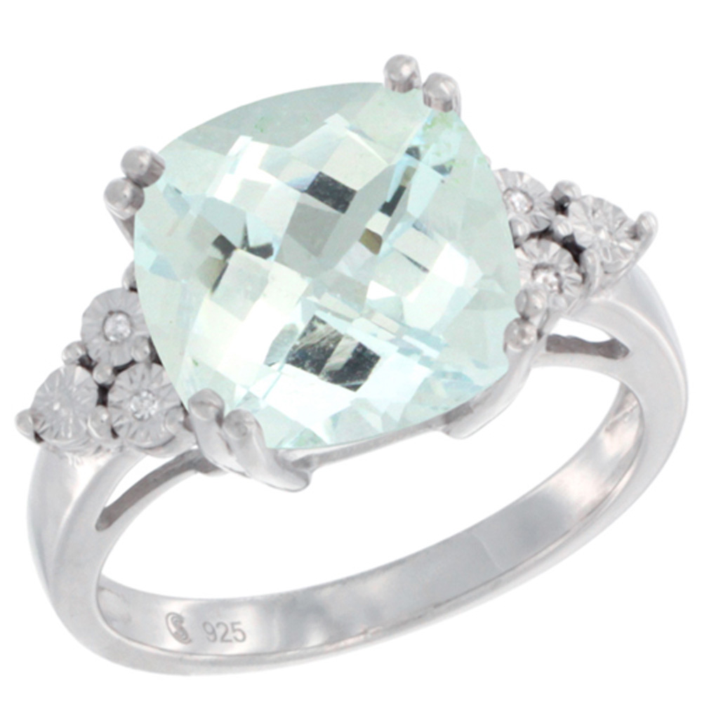 Sterling Silver Natural Aquamarine Ring Cushion cut 11x11, Diamond Accent, sizes 5 - 10