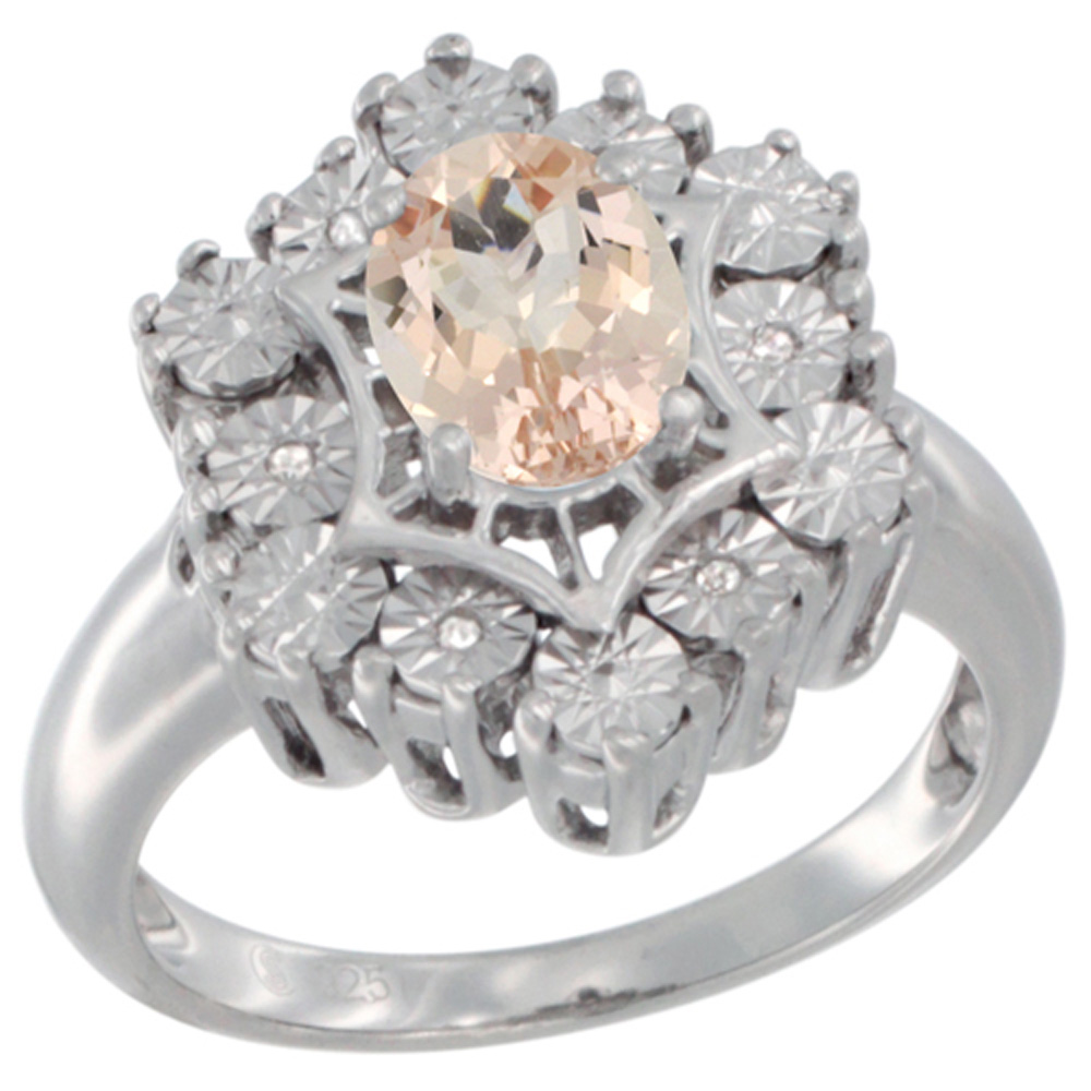 Sterling Silver Natural Morganite Ring 7x5 Oval Illusion Diamonds Rhodium finish, sizes 5 - 10