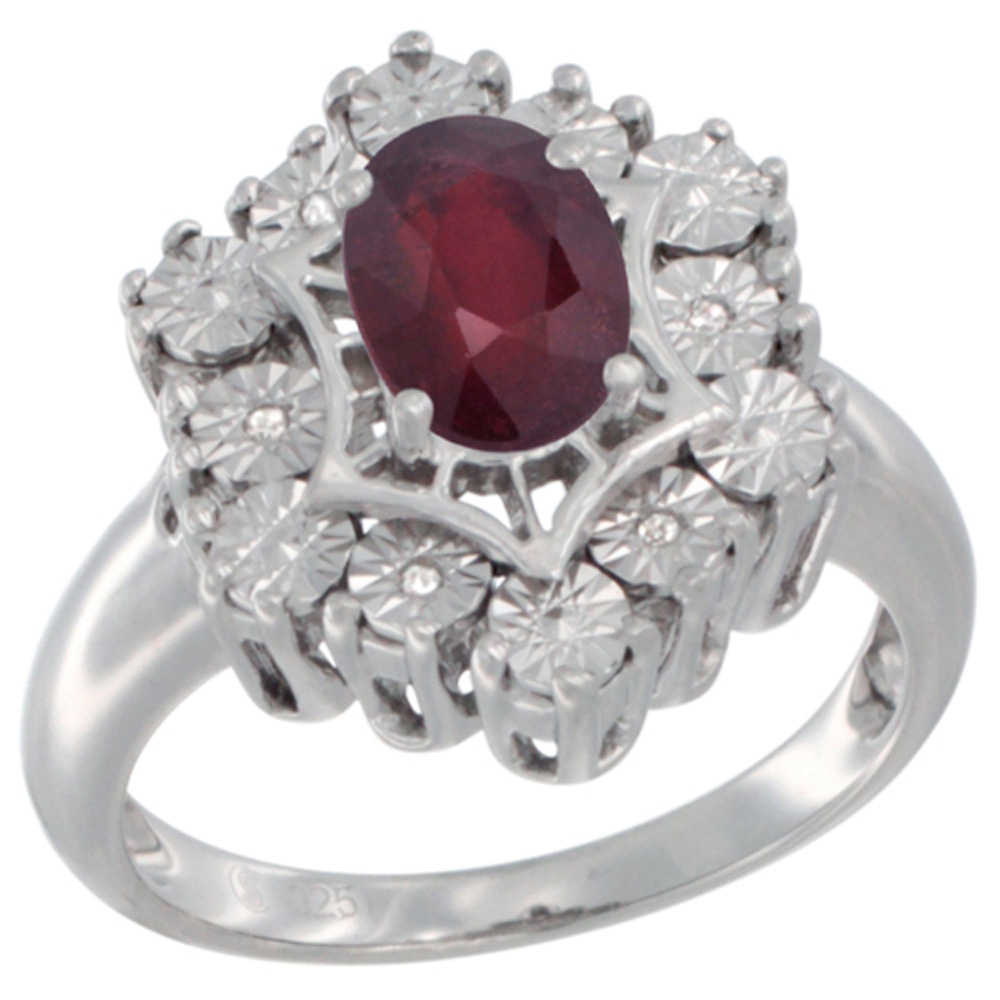 Sterling Silver Natural Enhanced Ruby Ring 7x5 Oval Illusion Diamonds Rhodium finish, sizes 5 - 10