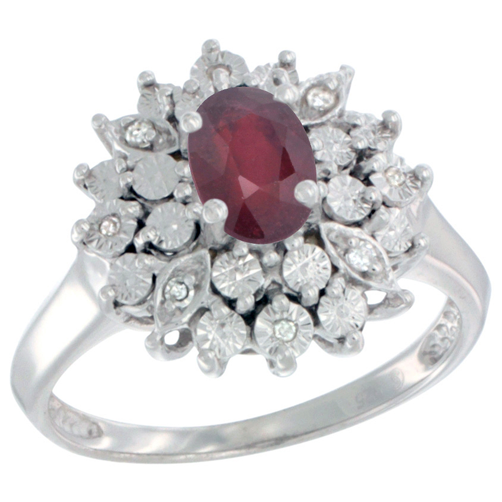 Sterling Silver Natural Enhanced Ruby Ring Oval 6x4, Diamond Accent, sizes 5 - 10