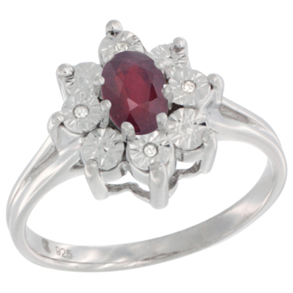 Sterling Silver Natural Enhanced Ruby Ring Oval 6x4, Diamond Accent, sizes 5 - 10