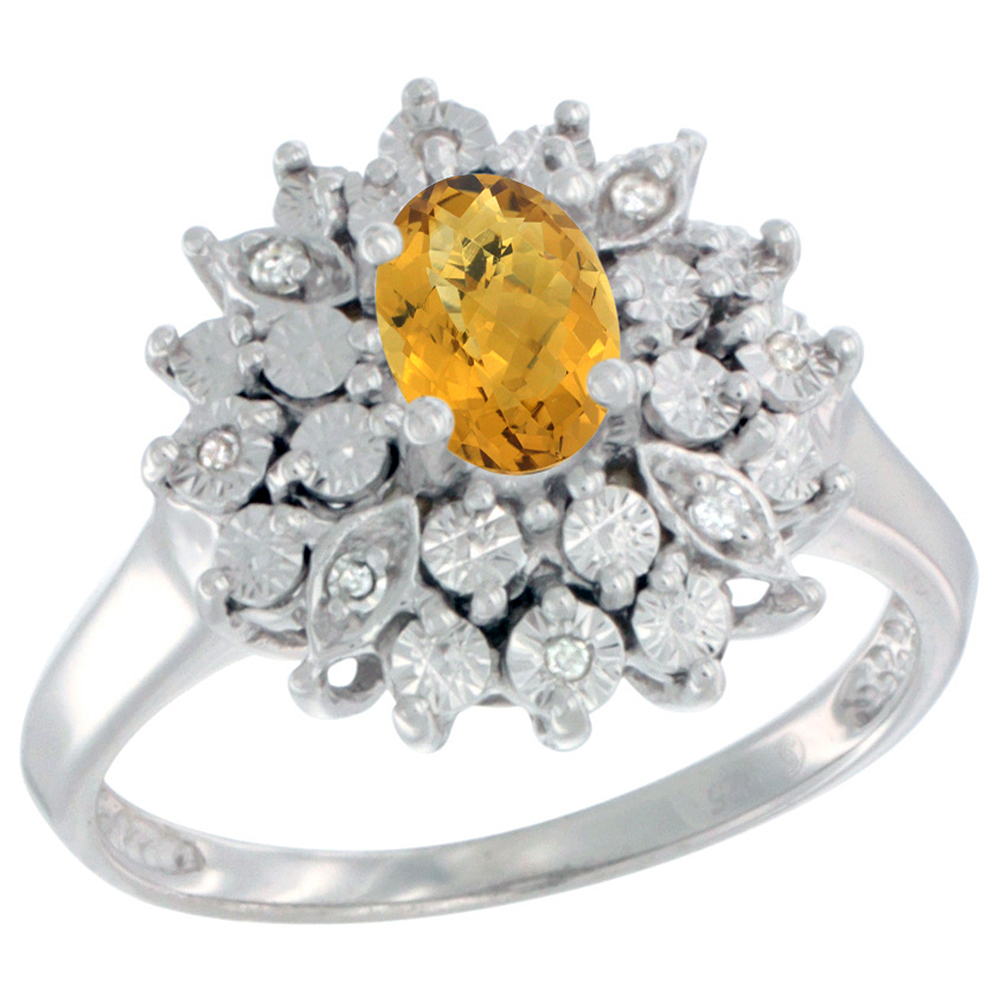 Sterling Silver Natural Whisky Quartz Ring Oval 6x4, Diamond Accent, sizes 5 - 10