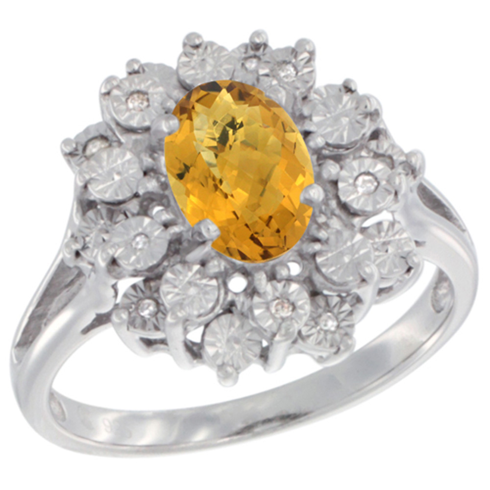 Sterling Silver Natural Whisky Quartz Ring Oval 8x6, Diamond Accent, sizes 5 - 10