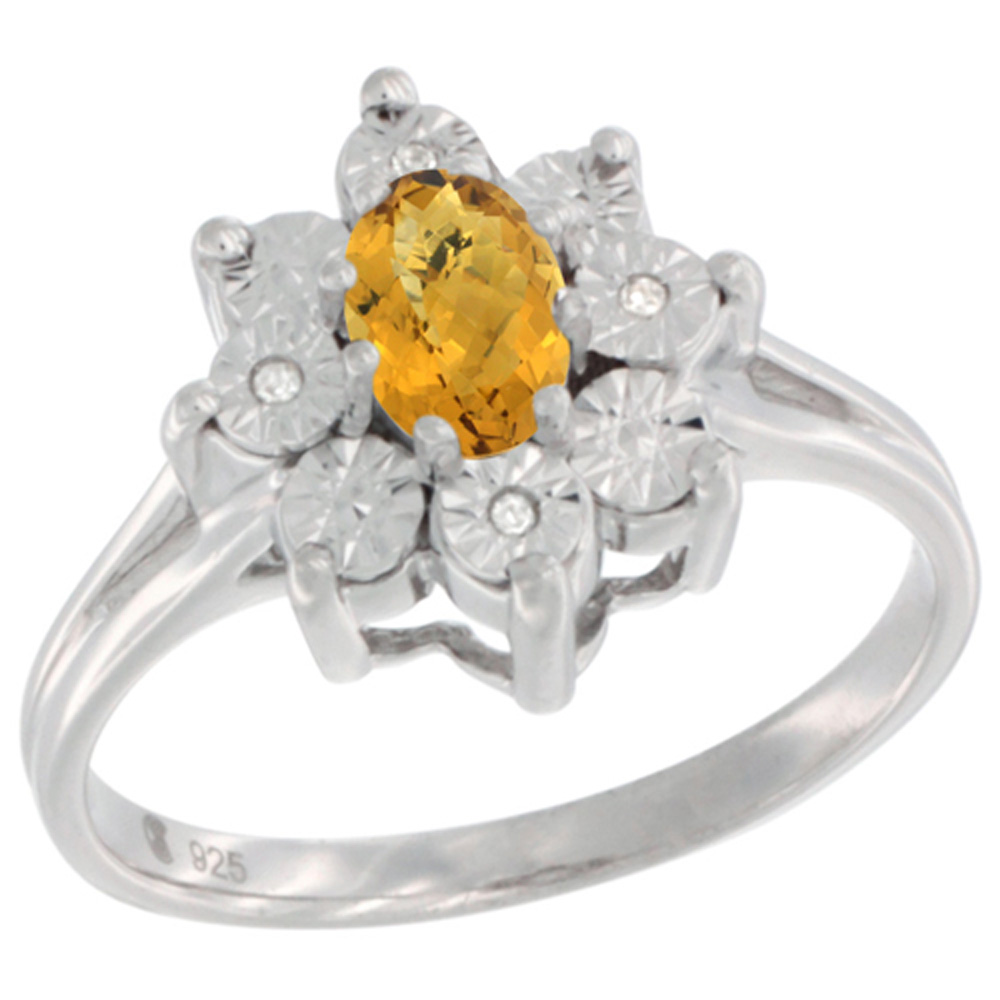 Sterling Silver Natural Whisky Quartz Ring Oval 6x4, Diamond Accent, sizes 5 - 10