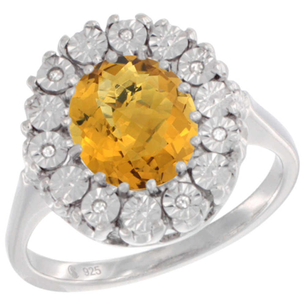 Sterling Silver Natural Whisky Quartz Ring Oval 9x7, Diamond Accent, sizes 5 - 10