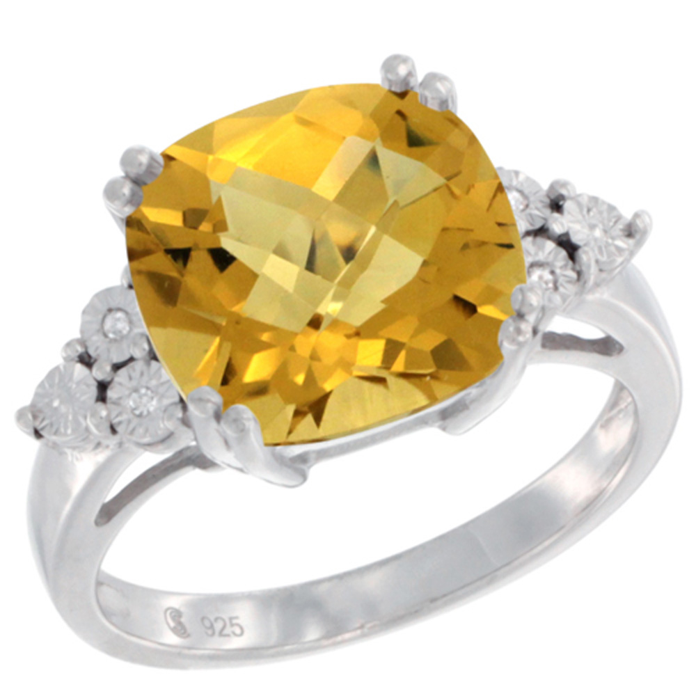 Sterling Silver Natural Whisky Quartz Ring Cushion cut 11x11, Diamond Accent, sizes 5 - 10