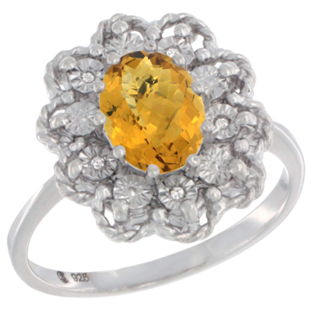 Sterling Silver Natural Whisky Quartz Ring Oval 8x6, Diamond Accent,, sizes 5 - 10
