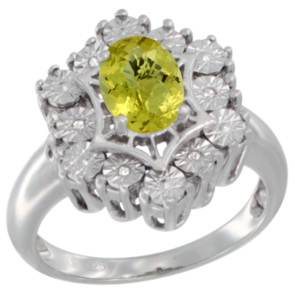 Sterling Silver Natural Lemon Quartz Ring 7x5 Oval Illusion Diamonds Rhodium finish, sizes 5 - 10