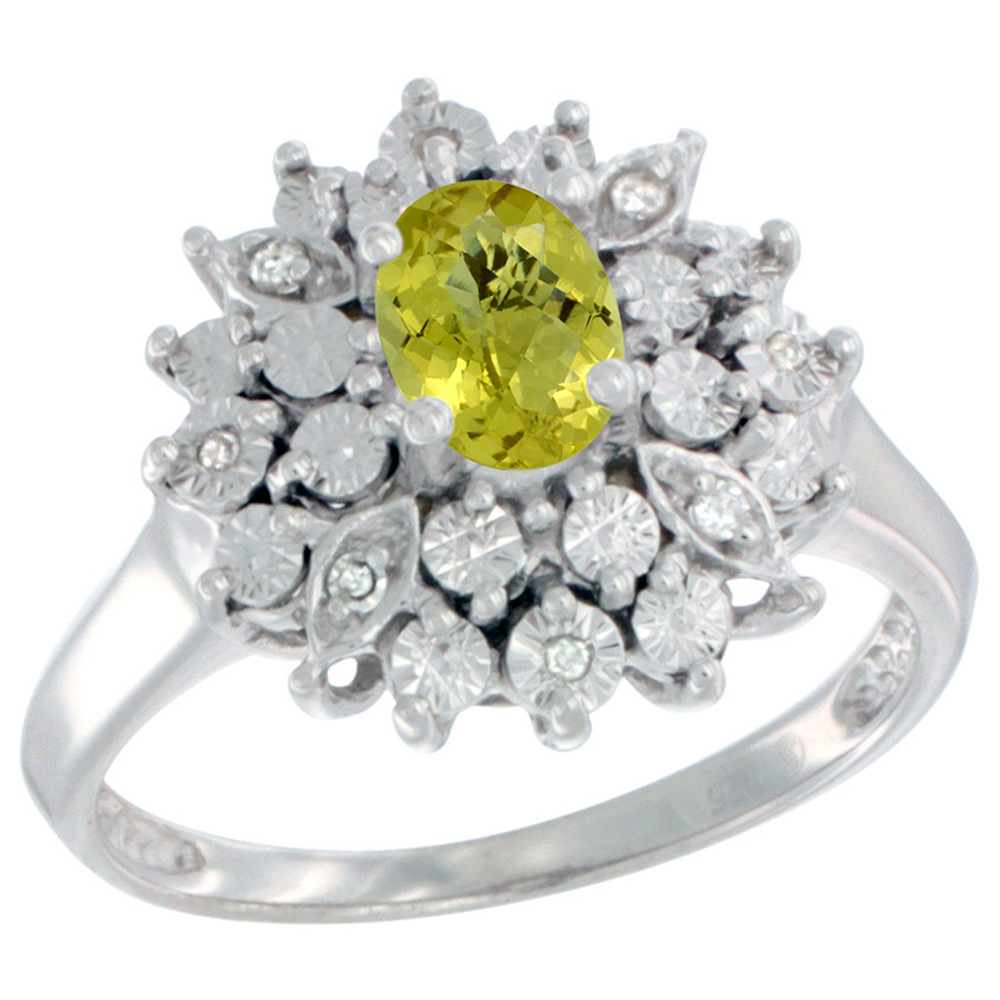 Sterling Silver Natural Lemon Quartz Ring Oval 6x4, Diamond Accent, sizes 5 - 10