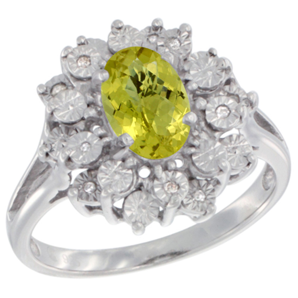 Sterling Silver Natural Lemon Quartz Ring Oval 8x6, Diamond Accent, sizes 5 - 10