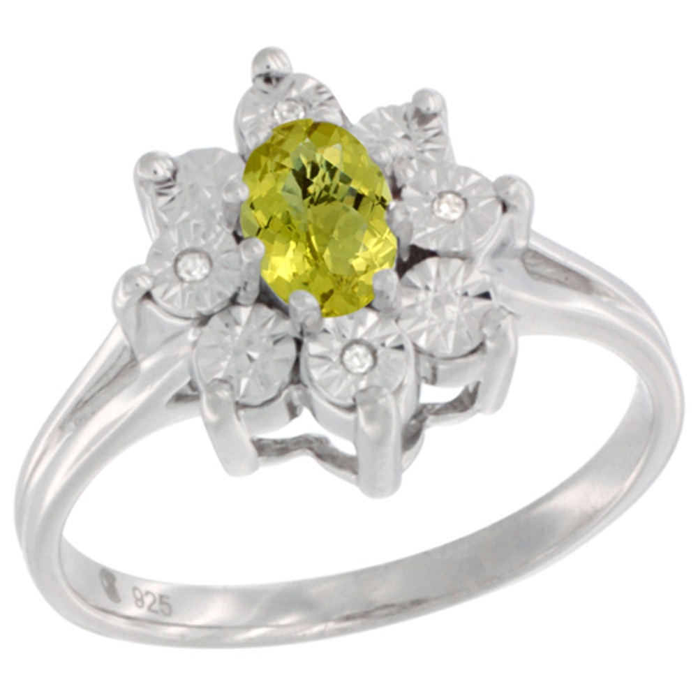 Sterling Silver Natural Lemon Quartz Ring Oval 6x4, Diamond Accent, sizes 5 - 10