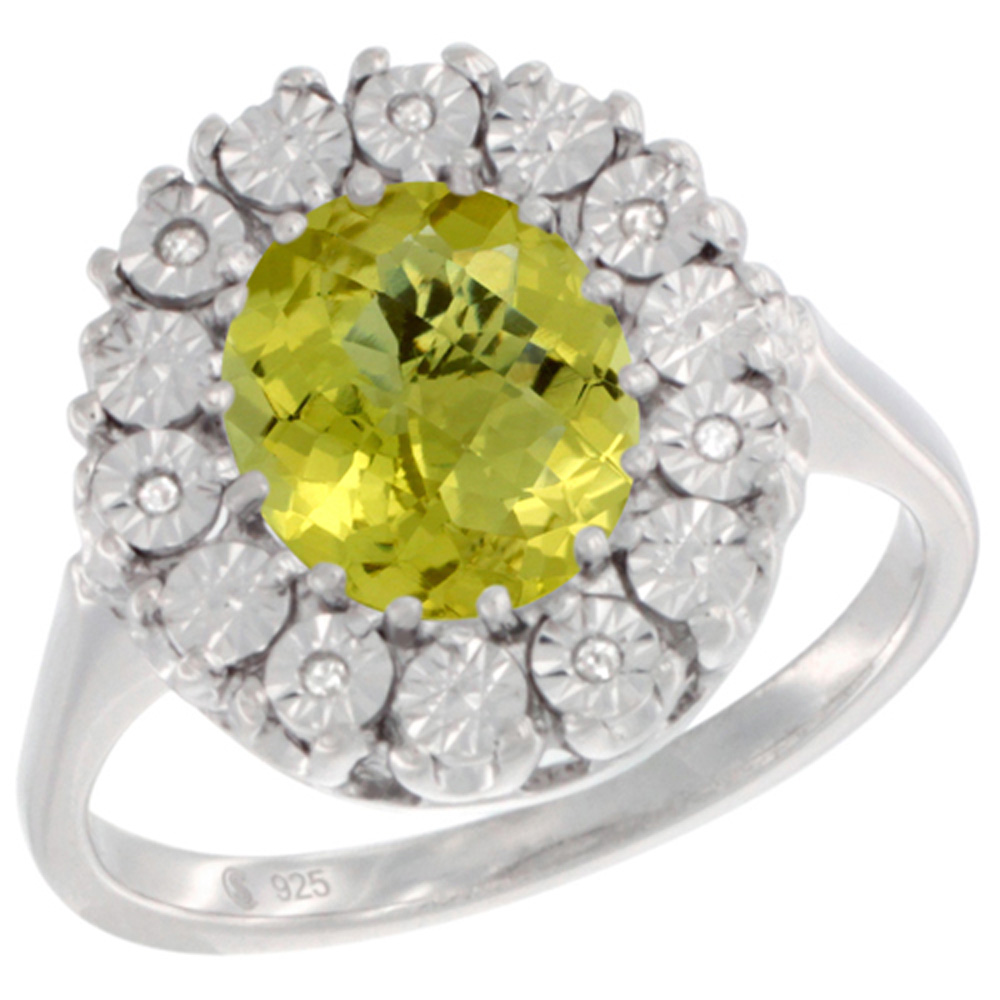 Sterling Silver Natural Lemon Quartz Ring Oval 9x7, Diamond Accent, sizes 5 - 10