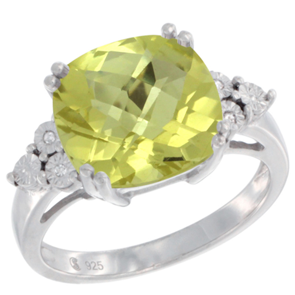 Sterling Silver Natural Lemon Quartz Ring Cushion cut 11x11, Diamond Accent, sizes 5 - 10