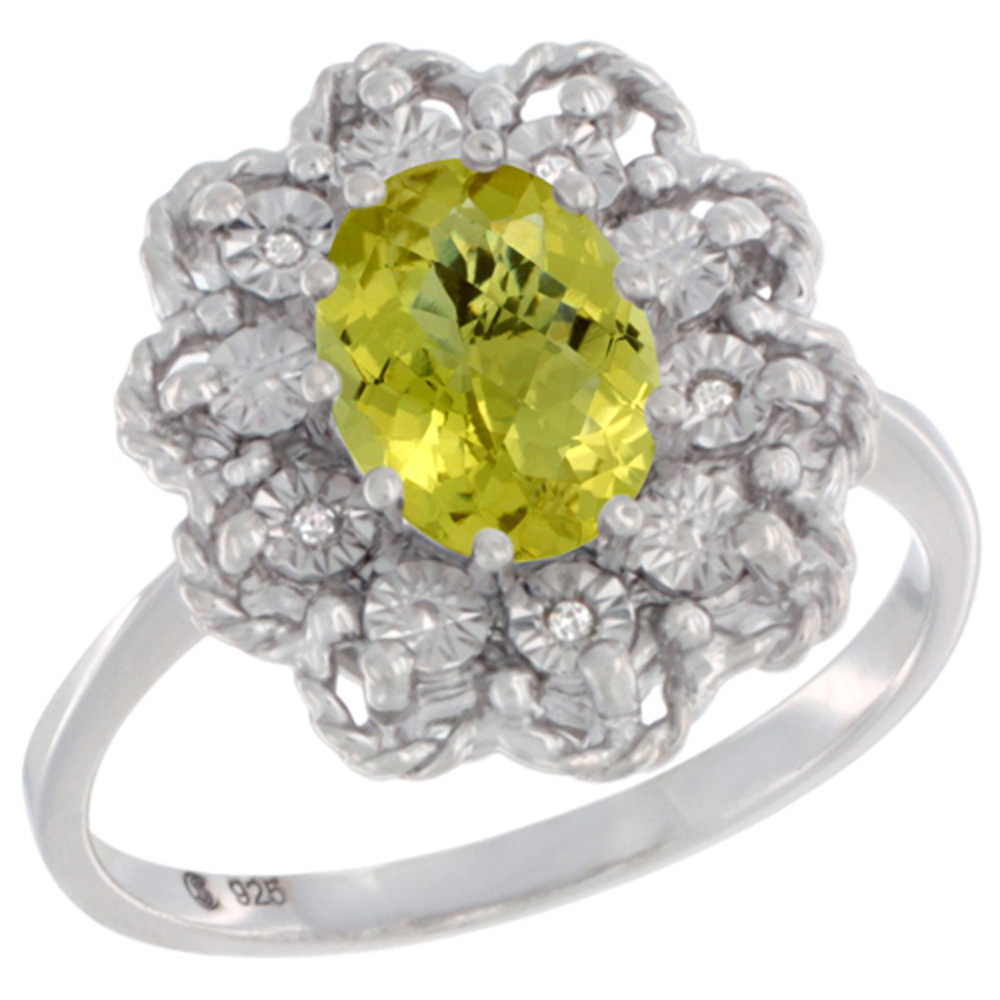 Sterling Silver Natural Lemon Quartz Ring Oval 8x6, Diamond Accent,, sizes 5 - 10