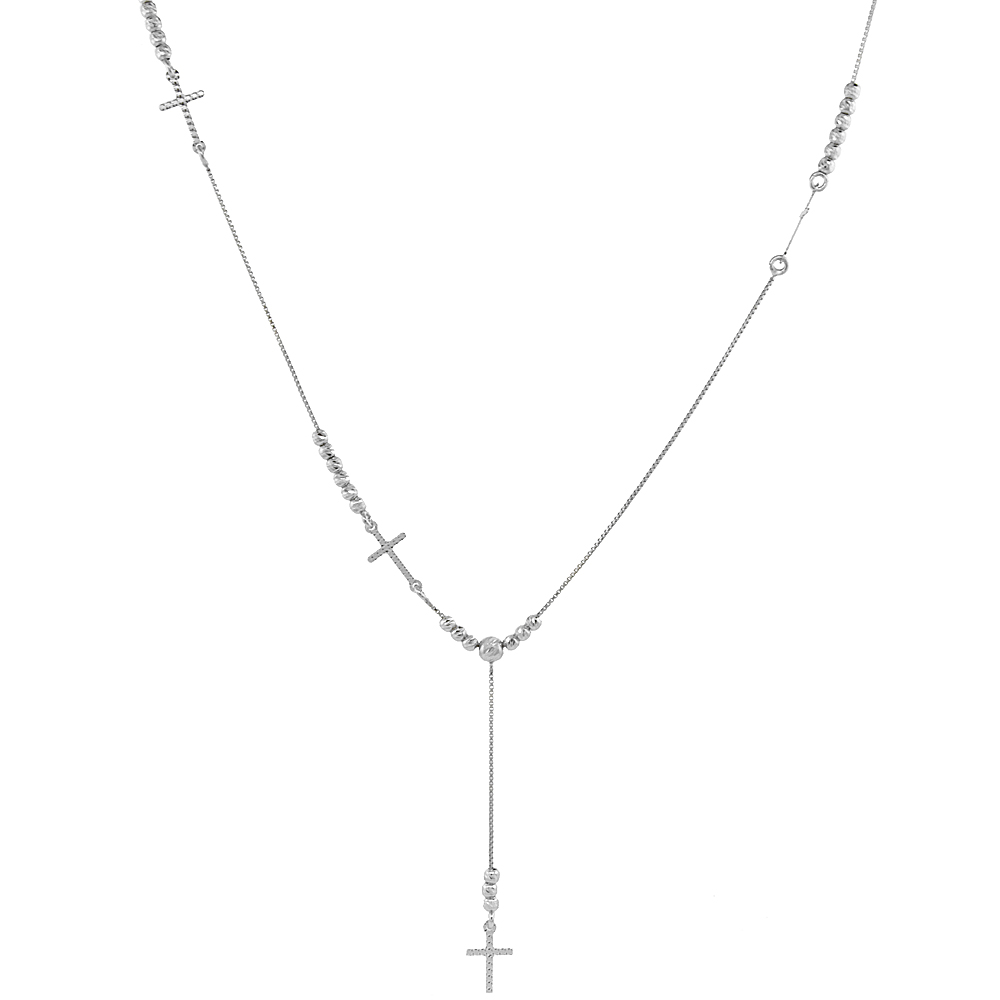 Sterling Silver Sideways Cross Y Necklace with Beads Rhodium Finish Italy 17 - 19 inch