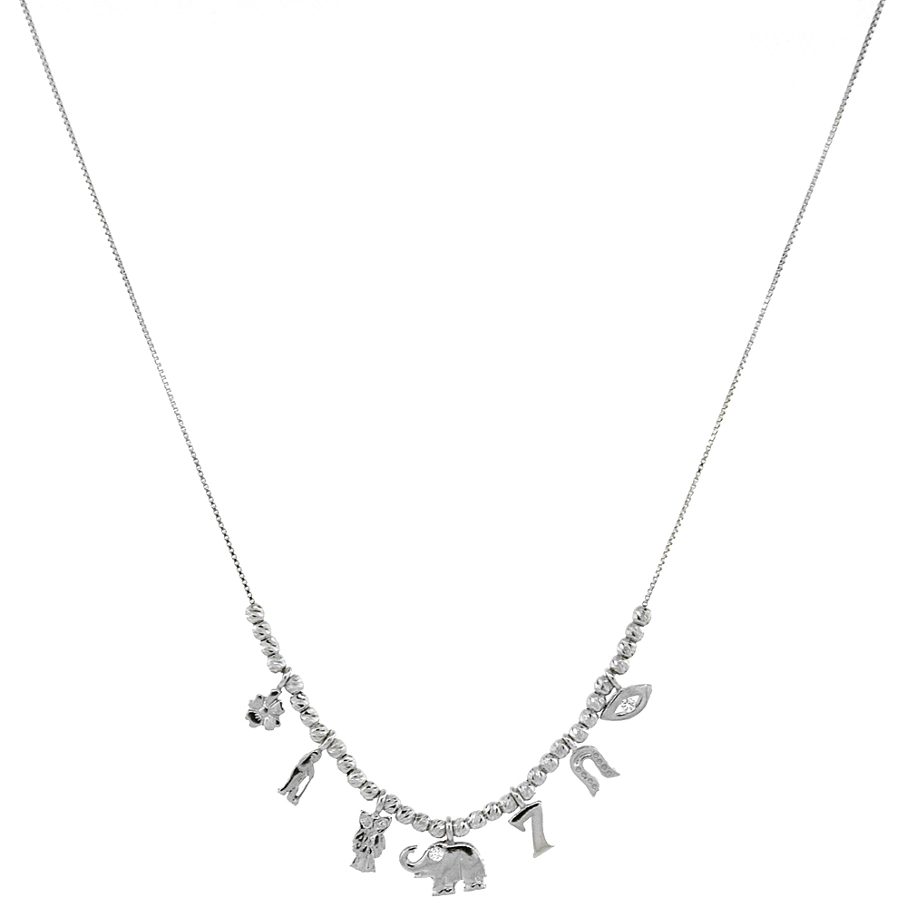 Sterling Silver Good Luck Charm Necklace Bead Spacers Rhodium Finish Italy 17 - 19inch