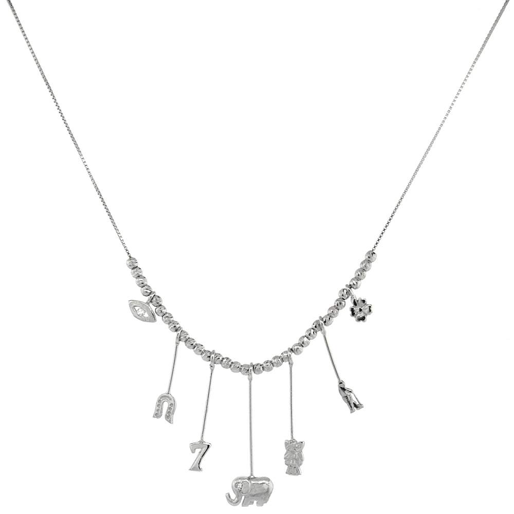 Sterling Silver Hanging Good Luck Charm Necklace Bead Spacers Rhodium Finish Italy 17 - 19 inch