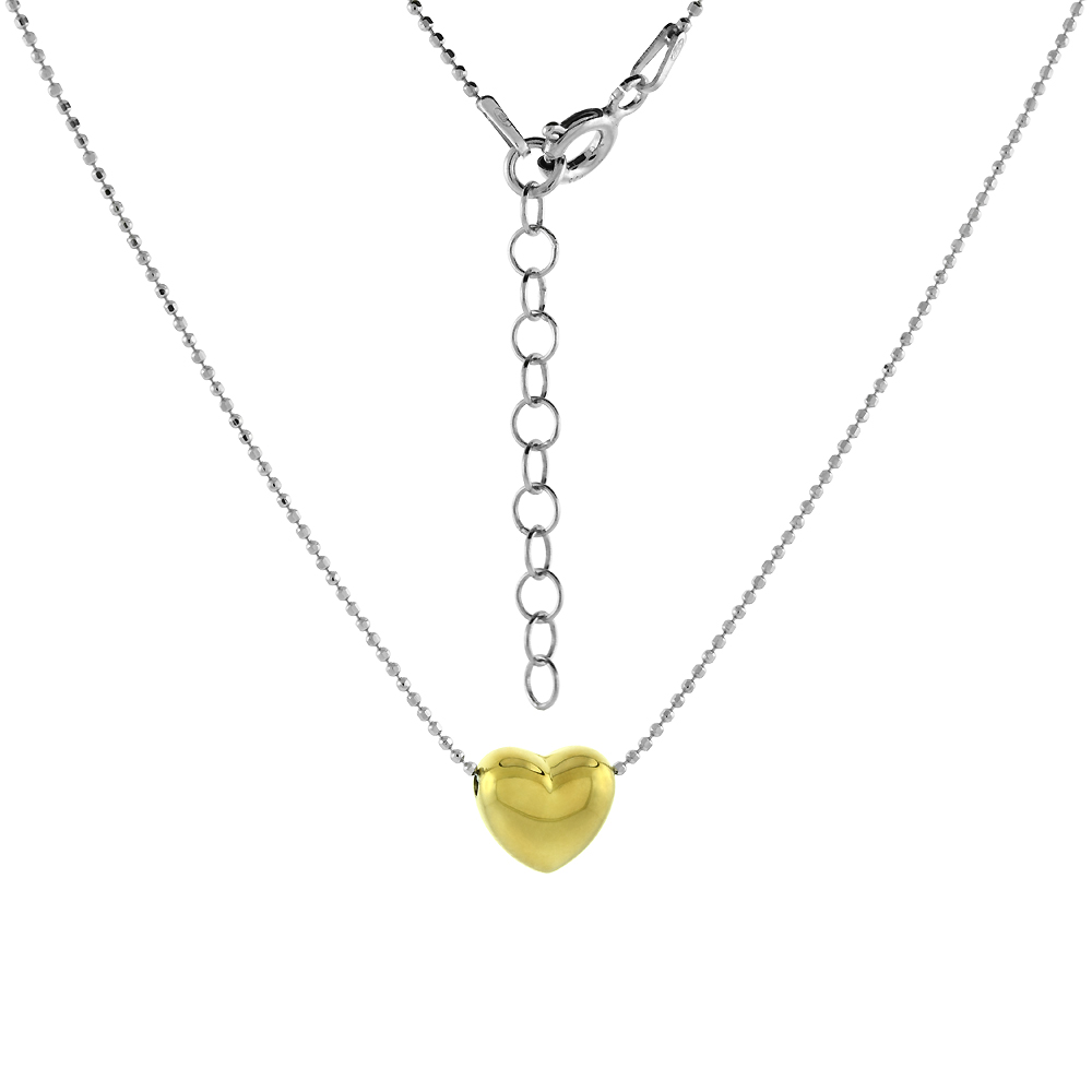 Sterling Silver Dainty Heart Bead Necklace Rhodium & Gold two-tone Italy 16-18 inch