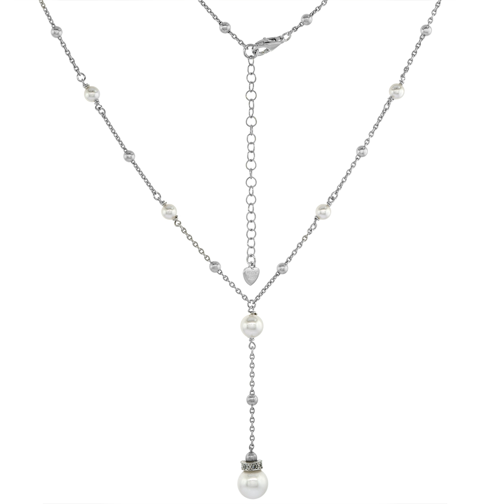 Sterling Silver Austrian Crystal Pearls Station Y Necklace for Women Rhodium Plated Italy 16-18 inch