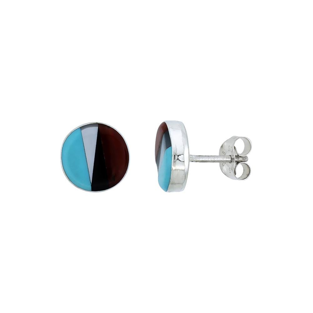 Sterling Silver Handcrafted Multi Color Round Stud Earrings (Genuine Zuni Tribe American Indian Jewelry) 3/8 in. (9.5 mm)
