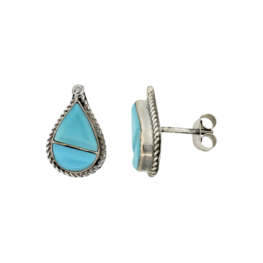 Sterling Silver Handcrafted Blue Turquoise Teardrop Stud Earrings (Genuine Zuni Tribe American Indian Jewelry) 9/16 in. (15 mm) 