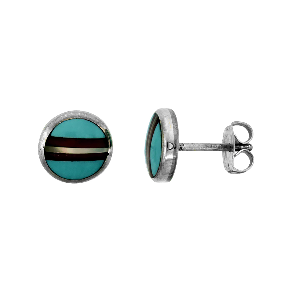 Sterling Silver Handcrafted Multi Color Round Stud Earrings (Genuine Zuni Tribe American Indian Jewelry) 5/16 in. (8.5 mm)