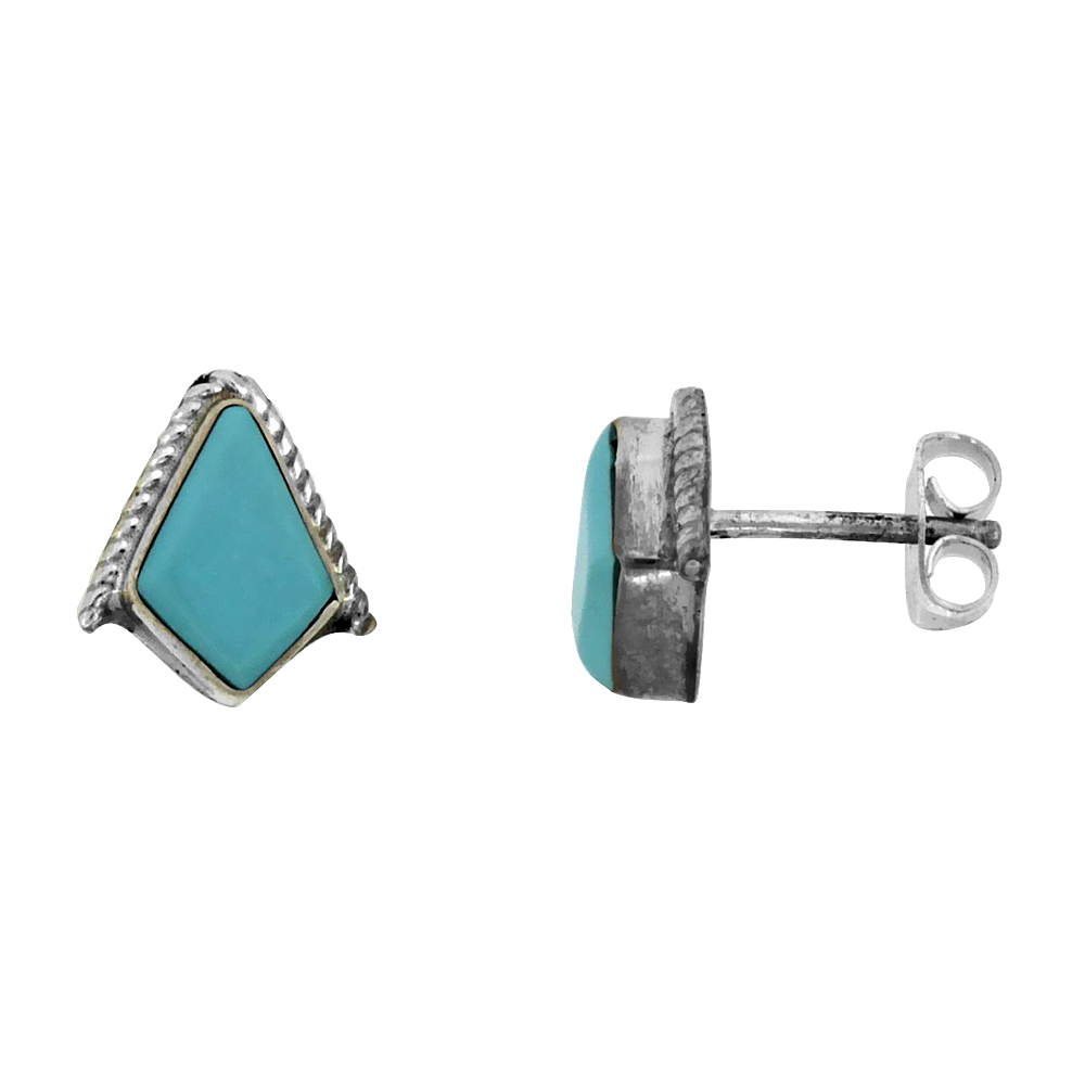 Sterling Silver Handcrafted Blue Turquoise Diamond-shaped Stud Earrings (Genuine Zuni Tribe American Indian Jewelry) 3/8 in. (10