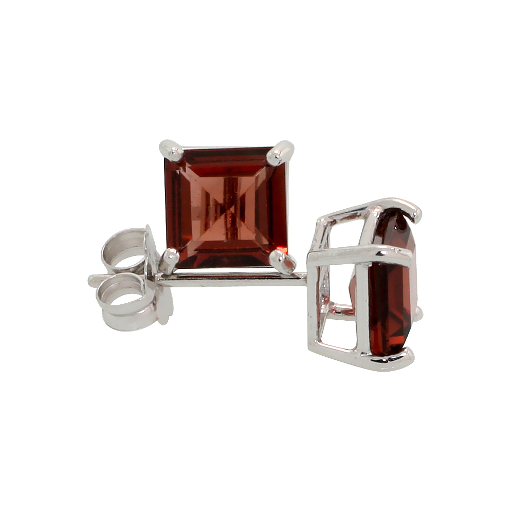 14K White Gold 5 mm Natural Garnet Square Stud Earrings 1 cttw January Birthstone