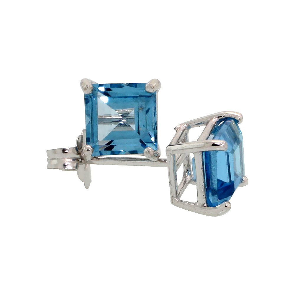 14K White Gold 5 mm Natural Blue Topaz Square Stud Earrings 1 cttw December Birthstone
