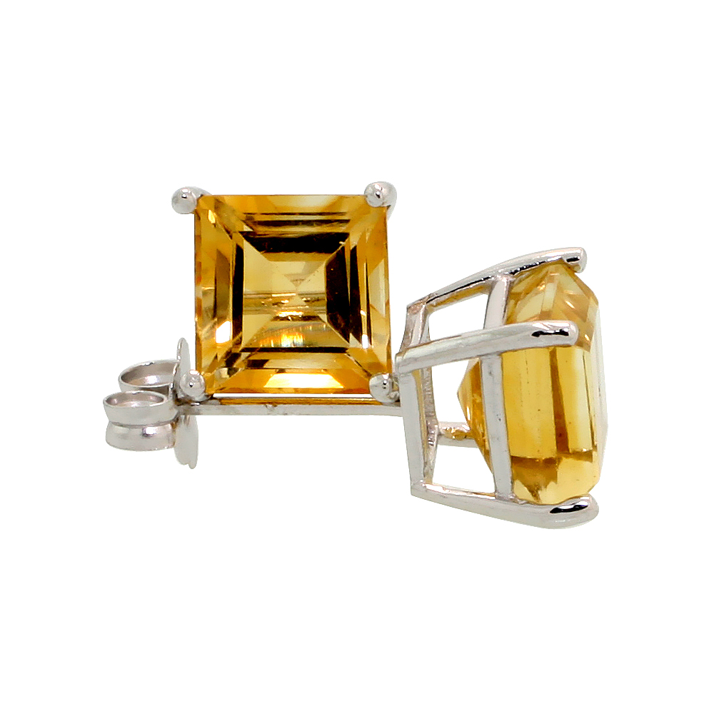 14K White Gold 6 mm Natural Citrine Square Stud Earrings 2 cttw November Birthstone