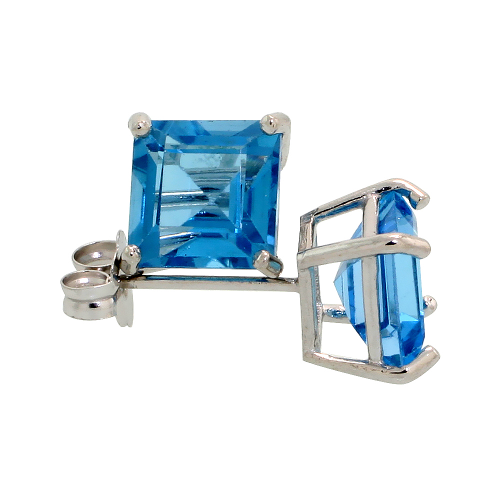 14K White Gold 6 mm Natural Blue Topaz Square Stud Earrings 2 cttw December Birthstone