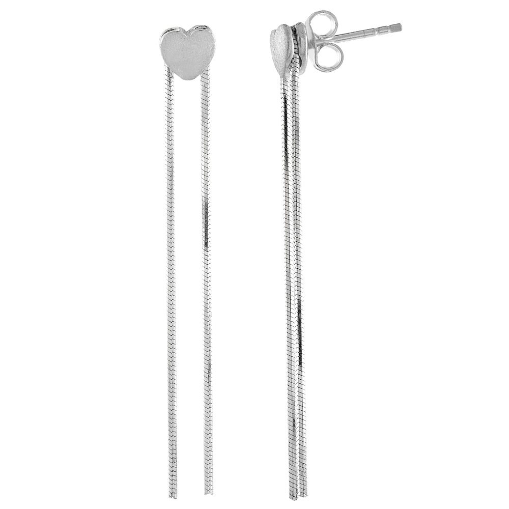 Sterling Silver 2 1/4 inch Long Dangle Earrings for women Heart Post Matt Finish Italy