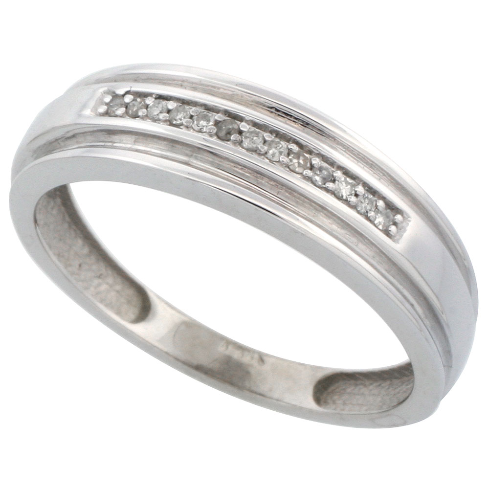 14k White Gold Men's Diamond Band, w/ 0.06 Carat Brilliant Cut Diamonds, 1/4 in. (6mm) wide