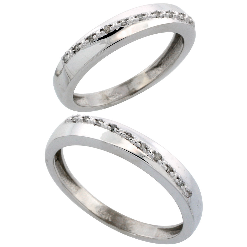 14k White Gold 2-Piece His (3.5mm) & Hers (3.5mm) Diamond Wedding Band Set, w/ 0.16 Carat Brilliant Cut Diamonds; (Ladies Size 5 to10; Men's Size 8 to 14)