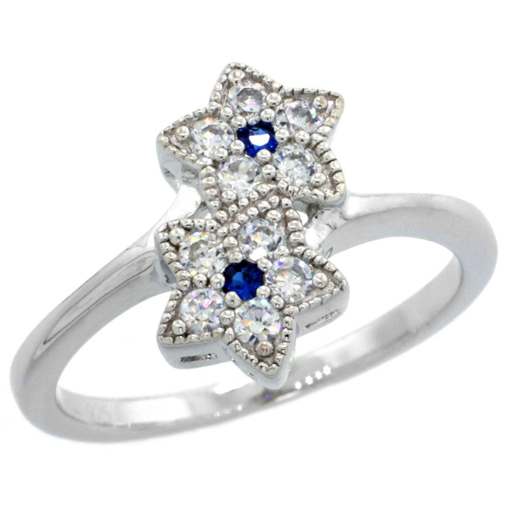 Sterling Silver Vintage Style Cubic Zirconia Double Star Ring Blue Sapphire Color Center, sizes 6-9