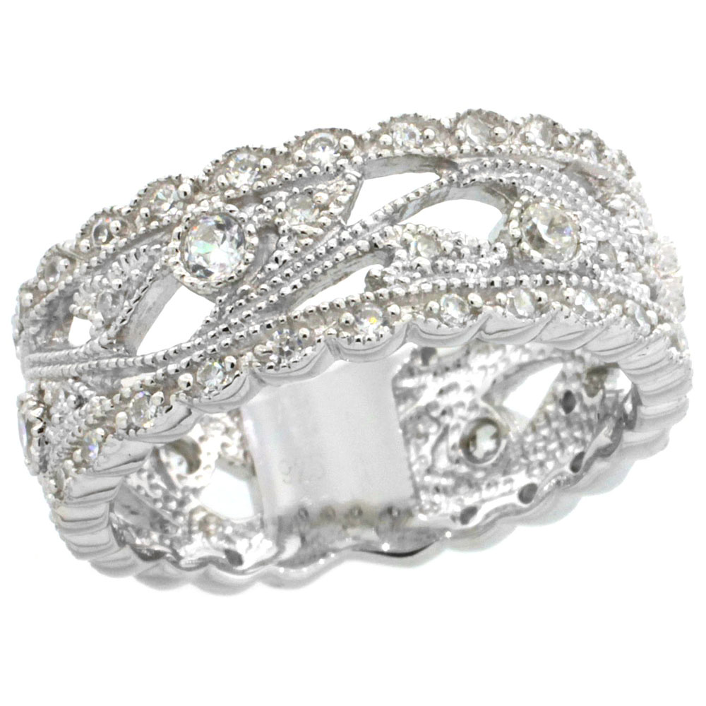 Sterling Silver Vintage Style Cubic Zirconia Ring Vine Floral Pattern 5/16 inch wide, sizes 6-9