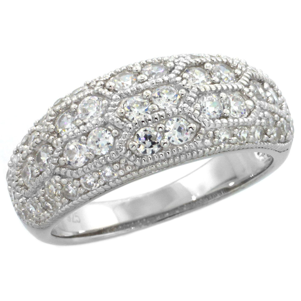 Sterling Silver Vintage Style Cubic Zirconia Dome Ring Honeycomb Pattern 5/16 inch wide, sizes 6-9