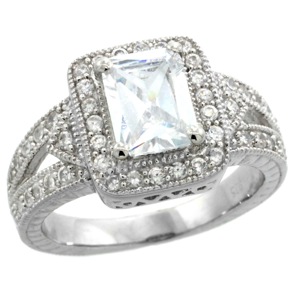 Sterling Silver Vintage Style Cubic Zirconia Halo Engagement Ring Emerald Cut 1 � ct Center, sizes 6-9