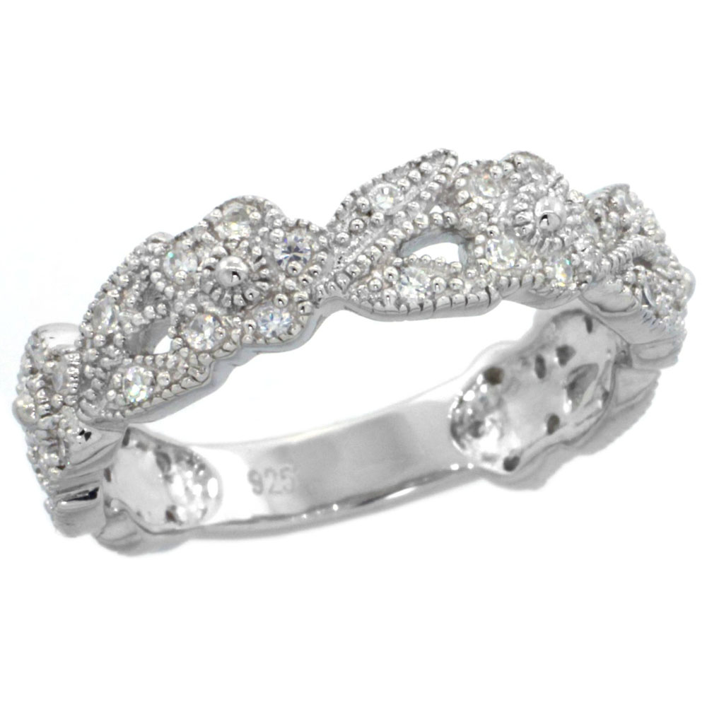 Sterling Silver Vintage Style Cubic Zirconia Floral Vine Ring 7/32 inch wide, sizes 6-9