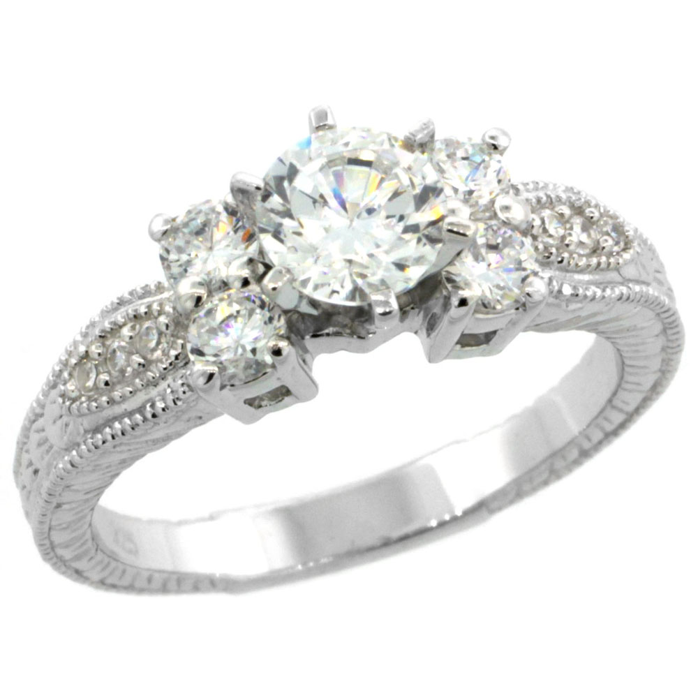 Sterling Silver Vintage Style Cubic Zirconia Engagement Ring Round 1 ct Center 1/4 inch wide, sizes 6-9