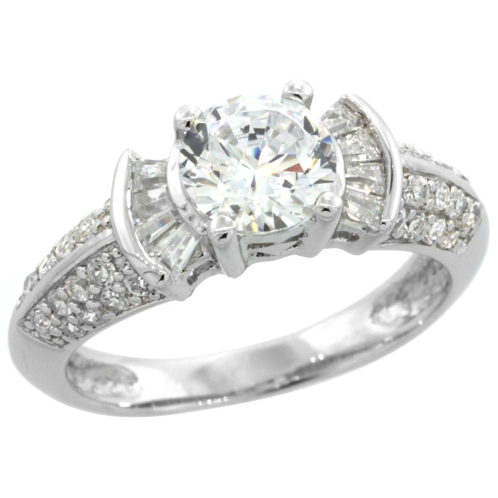 Sterling Silver Cubic Zirconia Engagement Ring Round 1 � Ct cntr Baguette Sides, sizes 6-9
