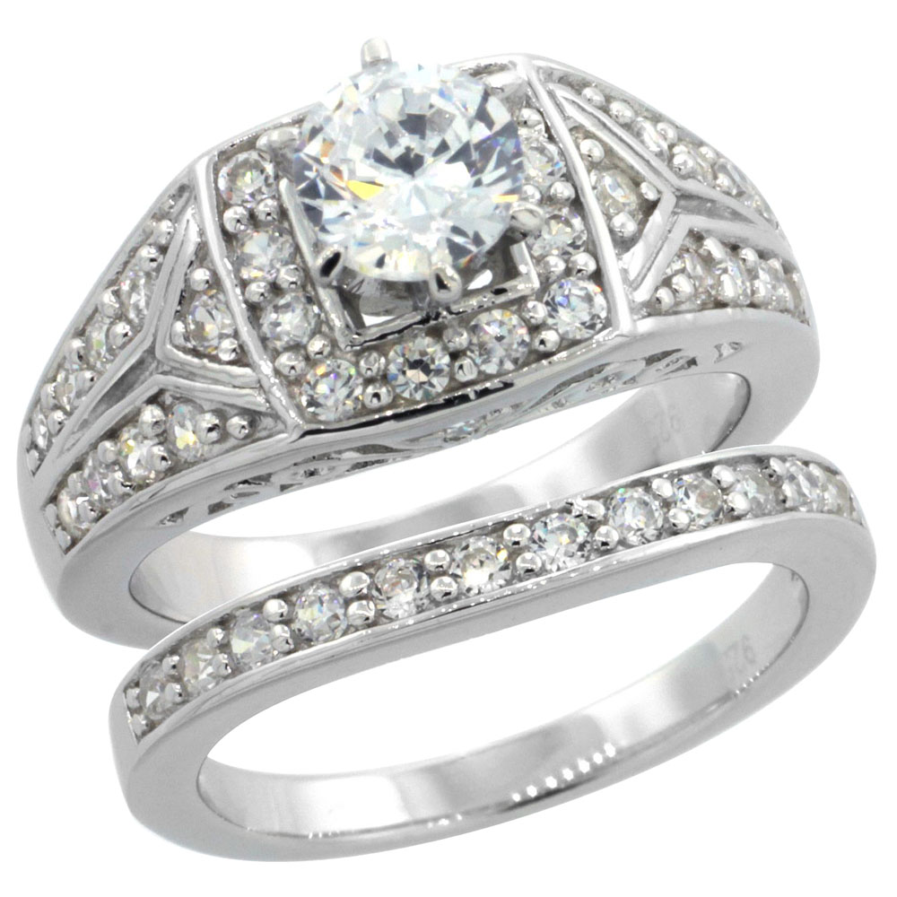 Sterling Silver Vintage Style Cubic Zirconia Square Halo Engagement Ring 2 pc Set 1 ct Center, sizes 6-9