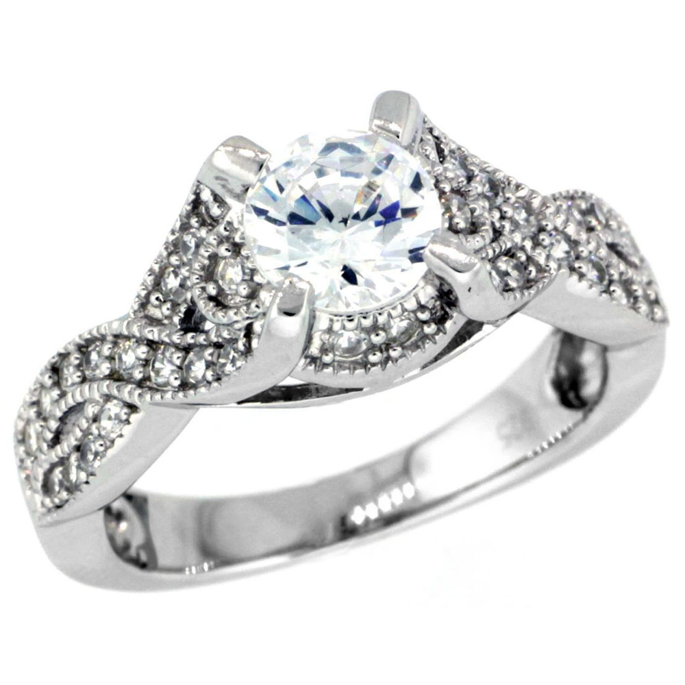 Sterling Silver Vintage Style Cubic Zirconia Engagement Ring Round 1 ct Center Ribbon Sides, sizes 6-9