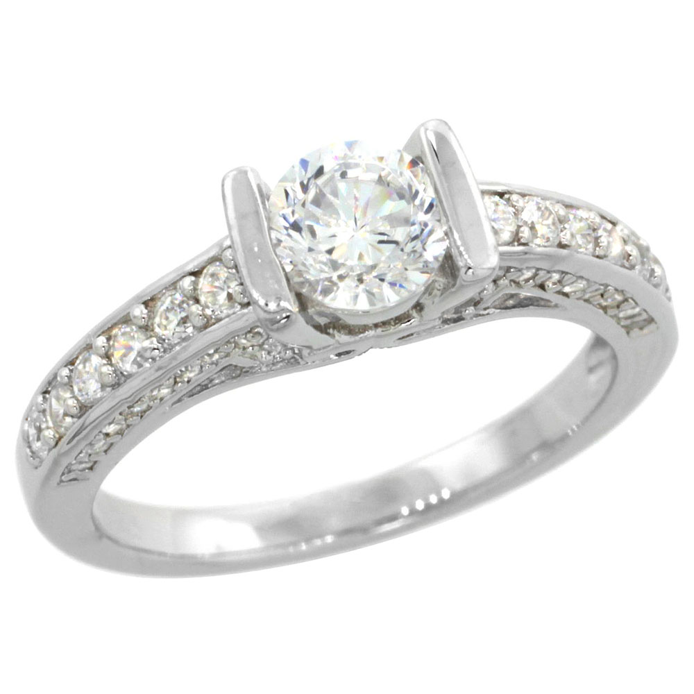 Sterling Silver Vintage Style Cubic Zirconia Engagement Ring Round � ct Center Tension Set, sizes 6-9