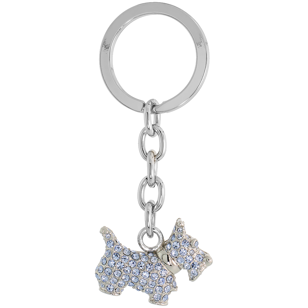 Sabrina Silver Scottish Terrier Dog Puppy Key Chain Crystal Key Ring for Women Austrian Elements Blue Topaz color 3 inches long