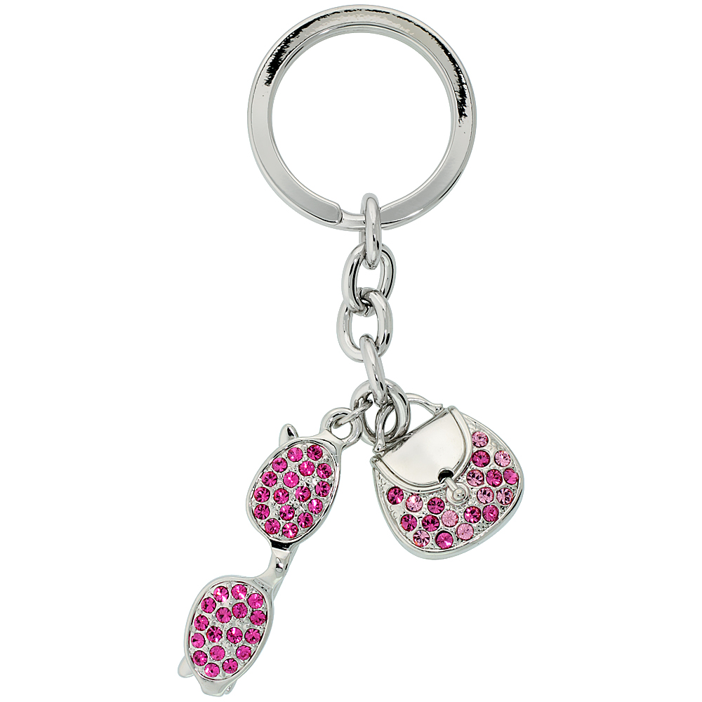 Sabrina Silver Purse & Sunglasses Key Chain Crystal Key Ring for Women Austrian Elements Pink Topaz color 4 inches long
