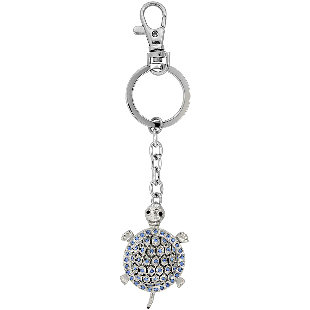 Sabrina Silver Turtle Key Chain Crystal Key Ring for Women Austrian Elements Blue Topaz color 4 1/4 inches long