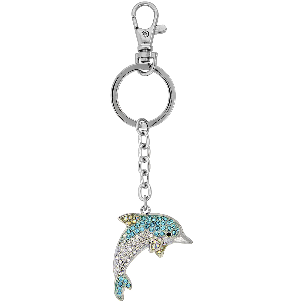 Sabrina Silver Bottlenose Dolphin Key Chain Crystal Key Ring for Women Austrian Elements Clear Blue Topaz Color 4 inches long