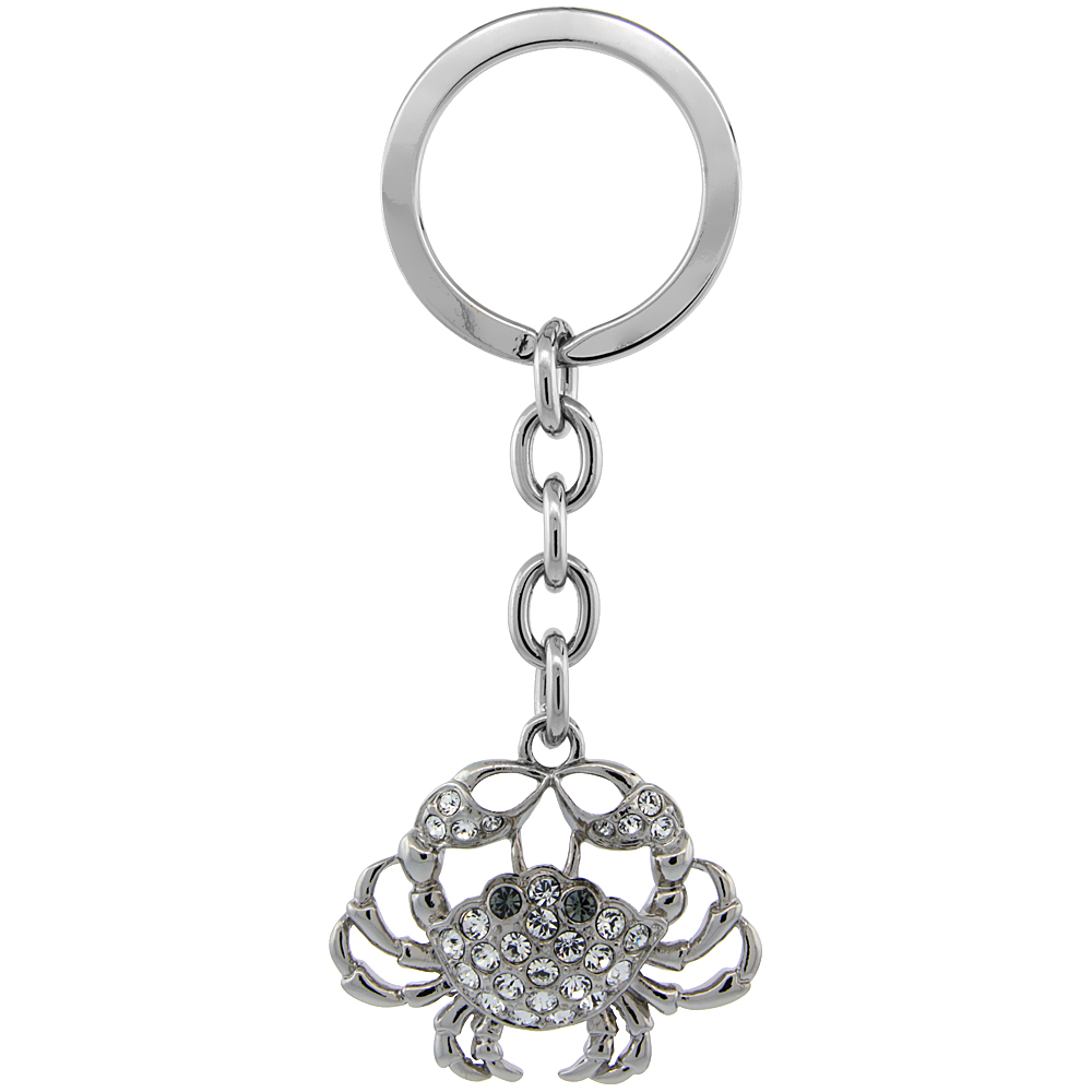 Sabrina Silver Crab Key Chain Crystal Key Ring for Women Austrian Elements Clear Blue Topaz Color 3 1/2 inches long
