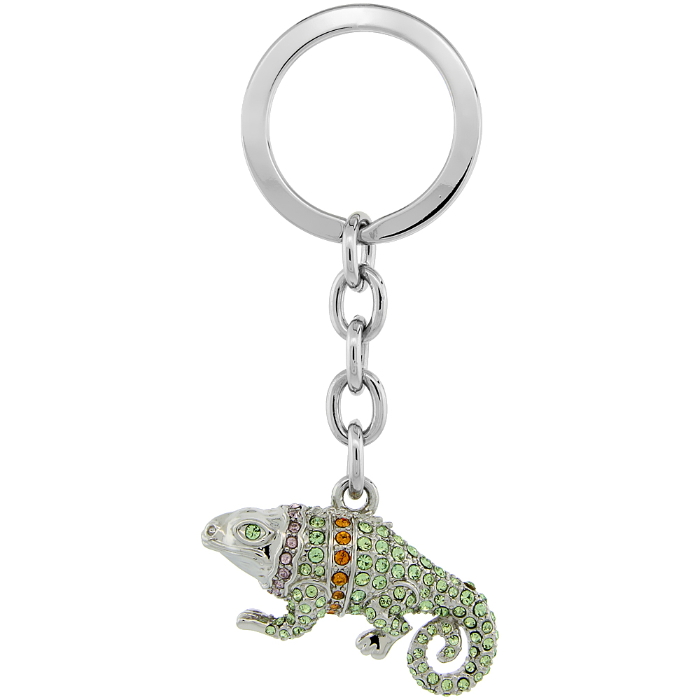 Sabrina Silver Jeweled Iguana Key Chain Crystal Key Ring for Women Austrian Elements Multi Color 3 1/2 inches long